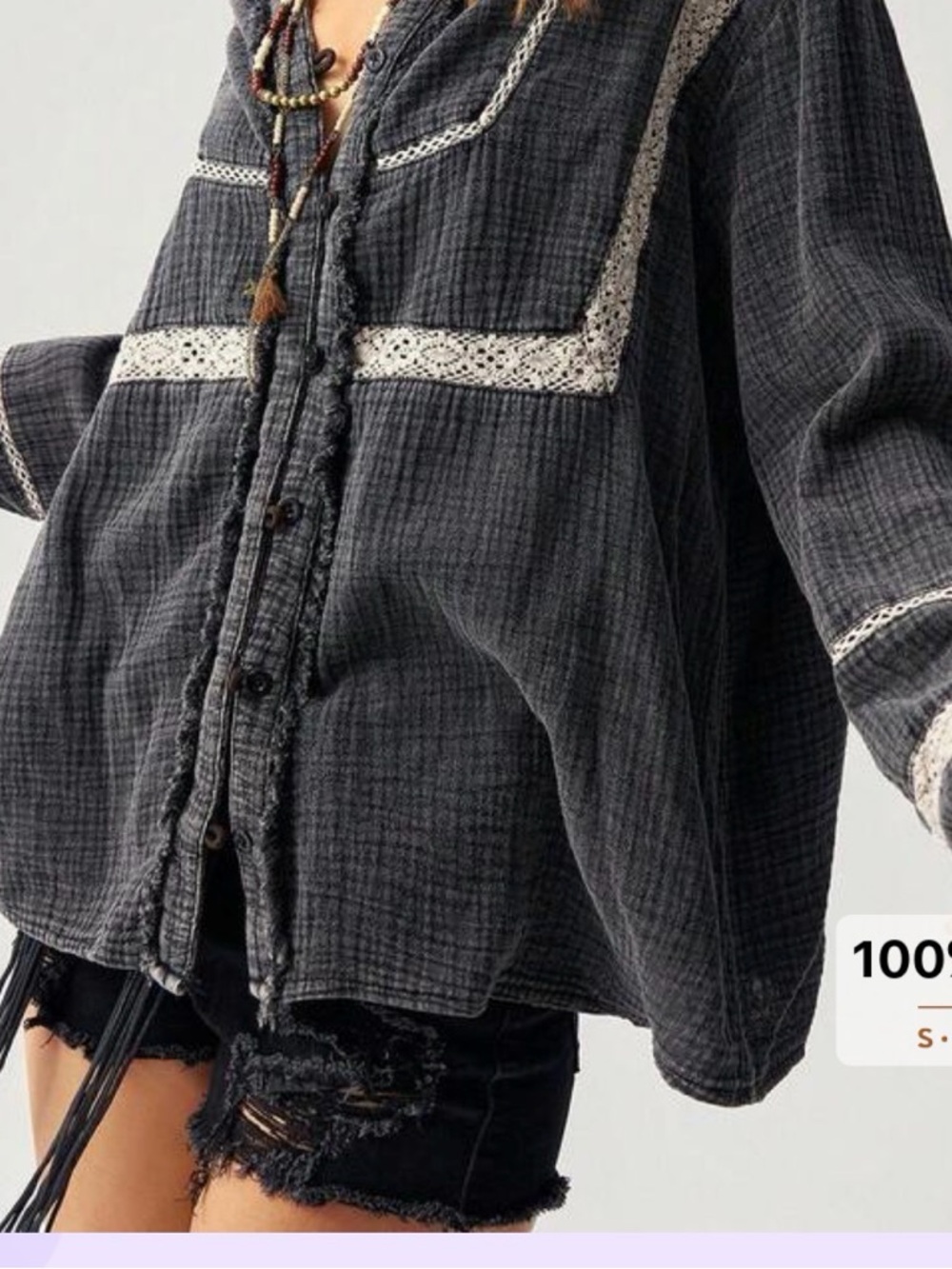 Woven Lace-Trim Button-Front Jacket Top — Black - Picture 10 of 12